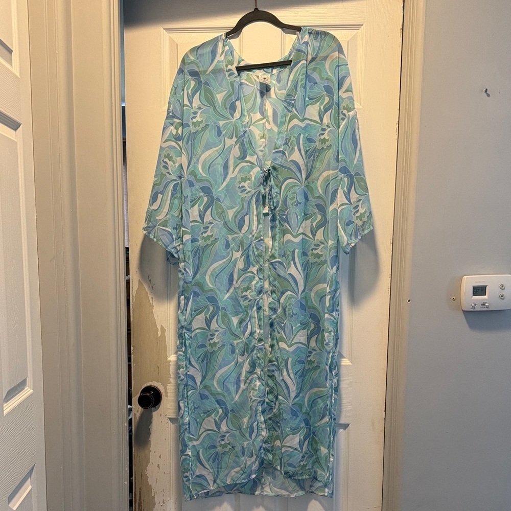 Shade & Shore Aqua and White Floral Tie-Front Swim Cover-Up